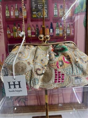 NWT Haute Hippie KISS LOCK Embroidered Sequin Bag Gold Tone Chain Strap
